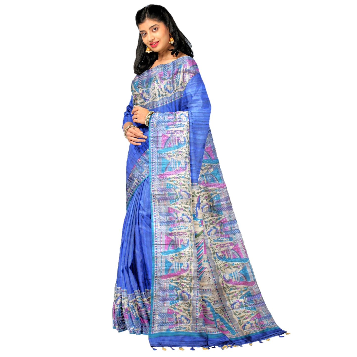 Pure Handloom Linen Silk (Matka) Saree - Madhubani Work (with stitched blouse and petticoat)
