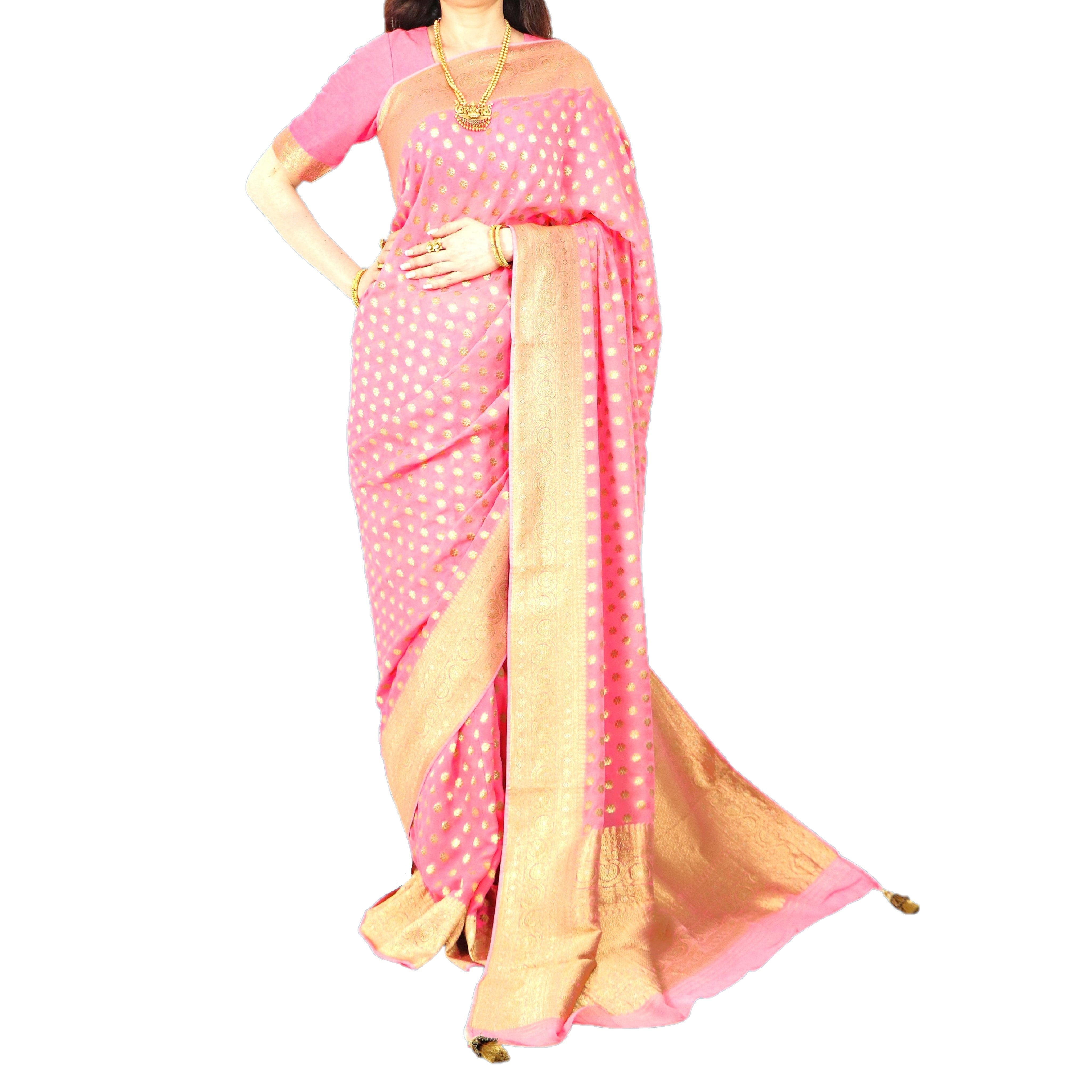 Maharanis Pure Banarasi Khaddi Georgette Saree Pink With Stitched