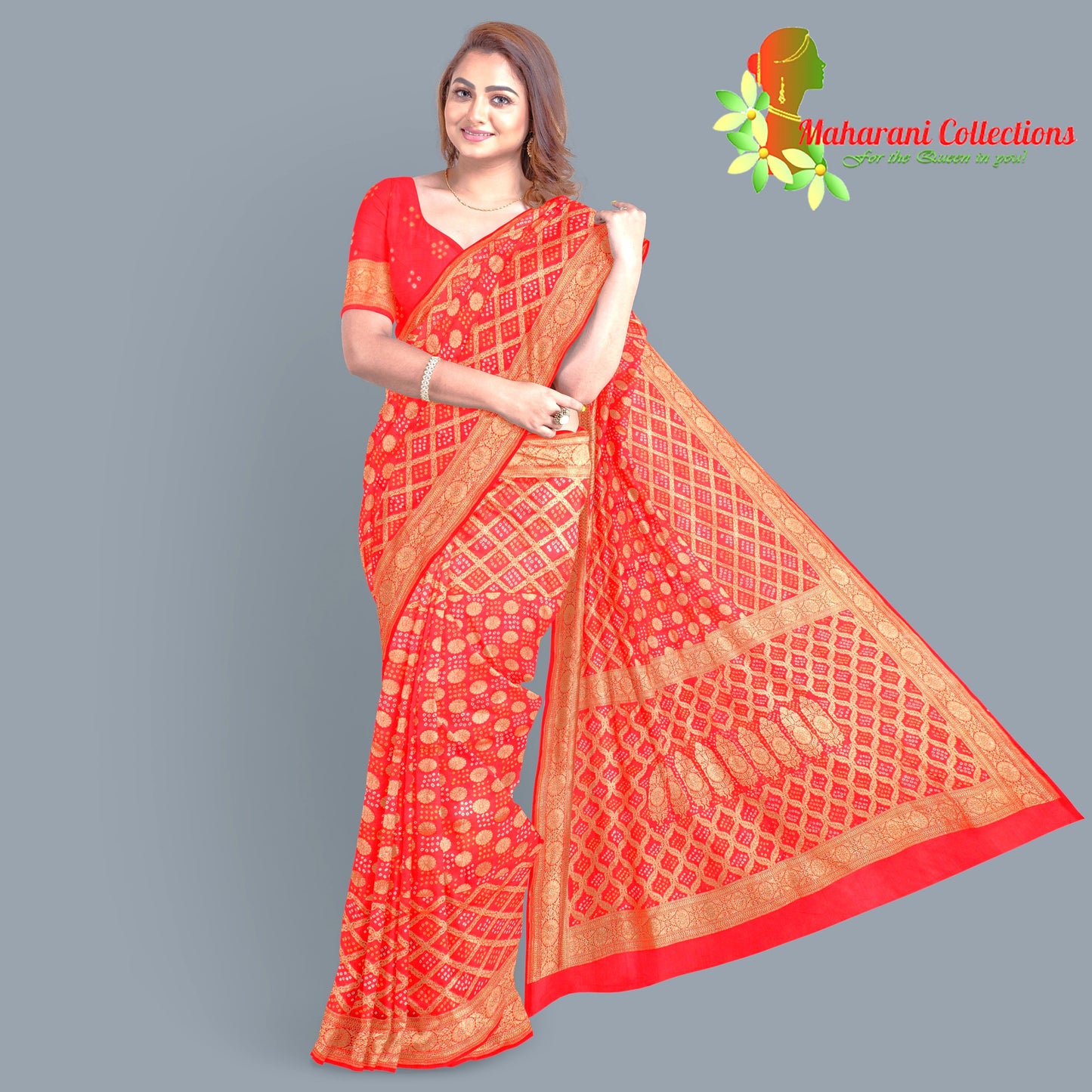Maharani's Pure Banarasi Georgette Bandhej Saree - Red (with Stitched Blouse & Petticoat)