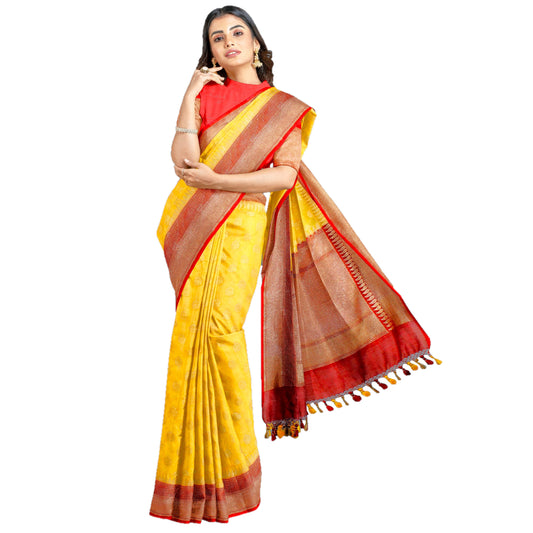 Maharani's Pure Banarasi Silk Saree - Yellow (with Stitched Blouse and Petticoat)