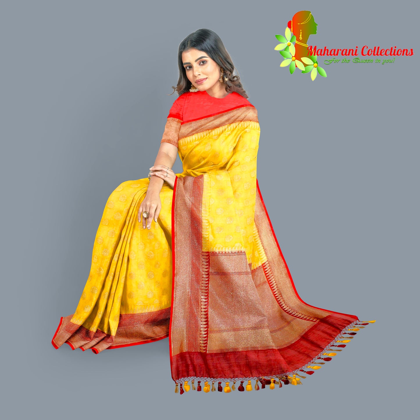 Maharani's Pure Banarasi Silk Saree - Yellow (with Stitched Blouse and Petticoat)