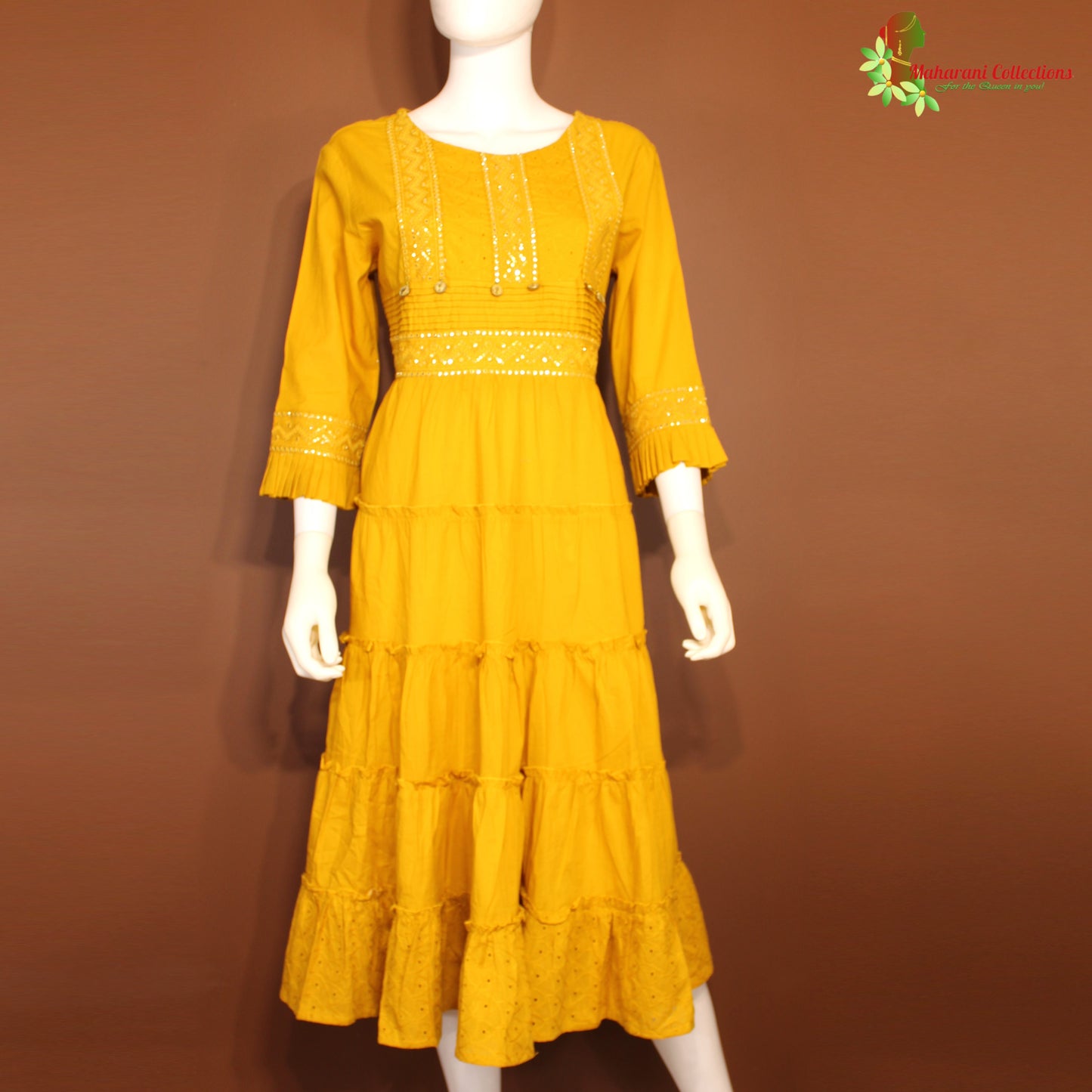 Maharani's Long Dress - Pure Cotton - Mustard Yellow (S)