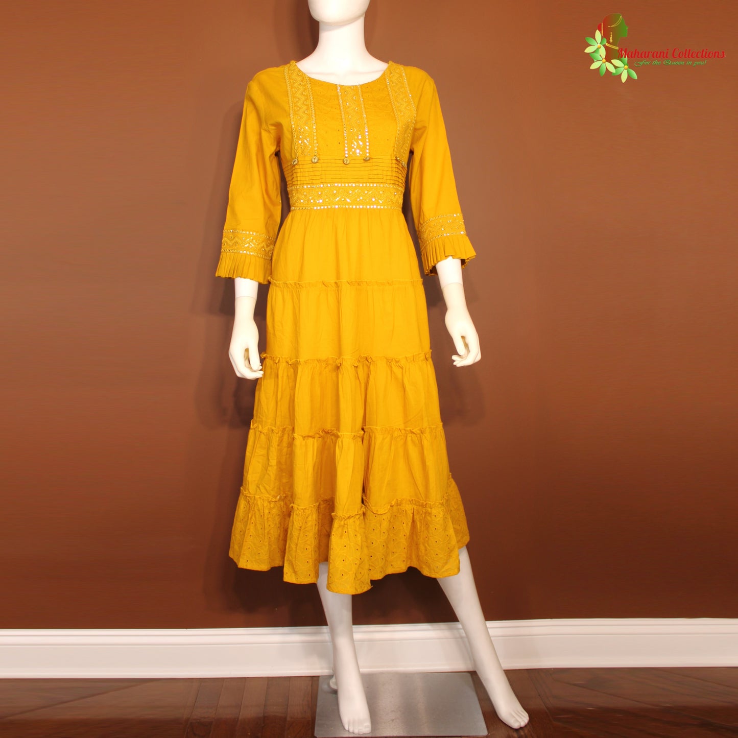 Maharani's Long Dress - Pure Cotton - Mustard Yellow (S)