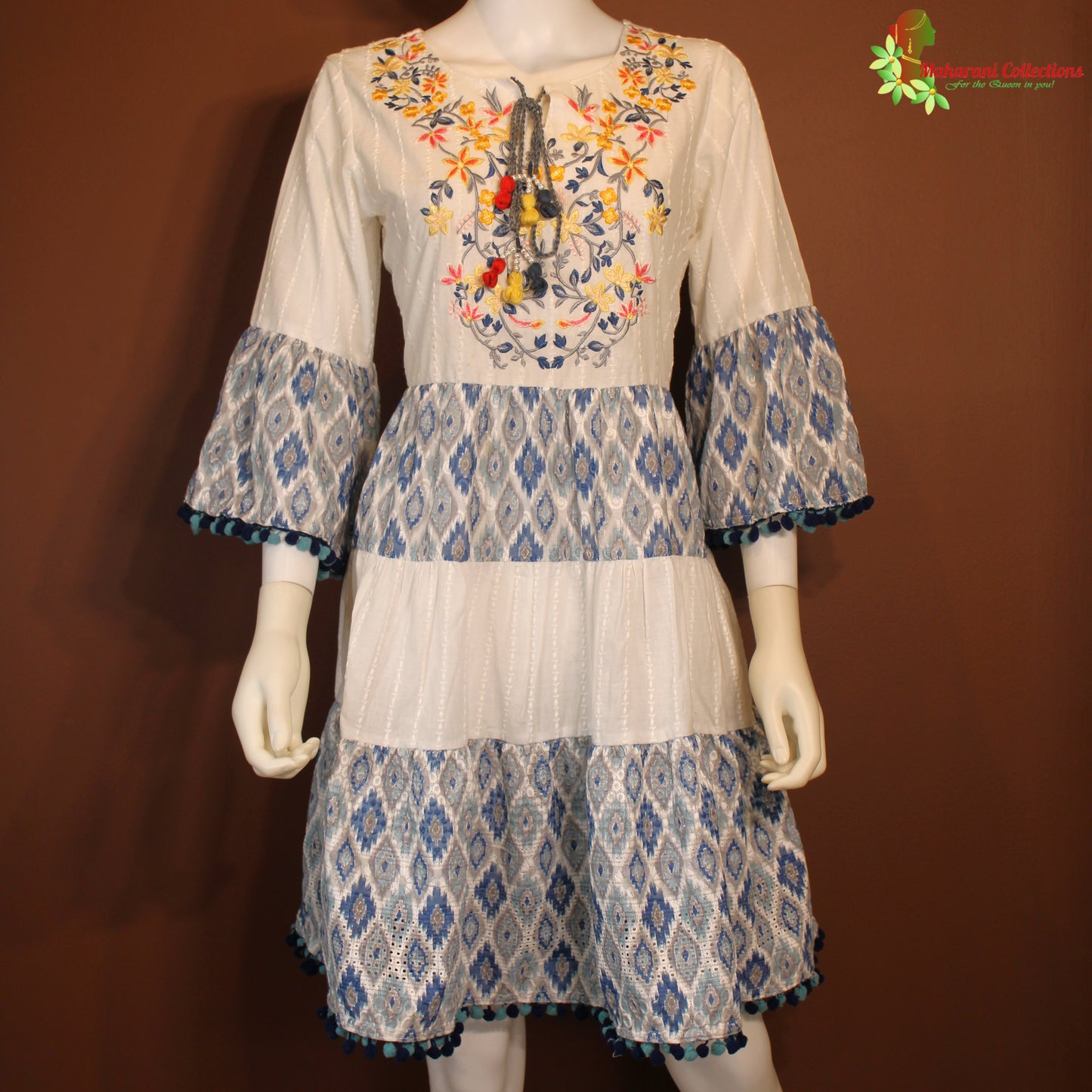 Maharani's Short Dress - Pure Cotton - White and Blue (XS)