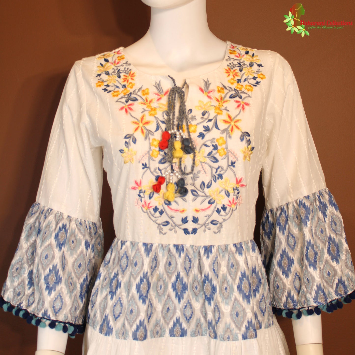 Maharani's Short Dress - Pure Cotton - White and Blue (XS)