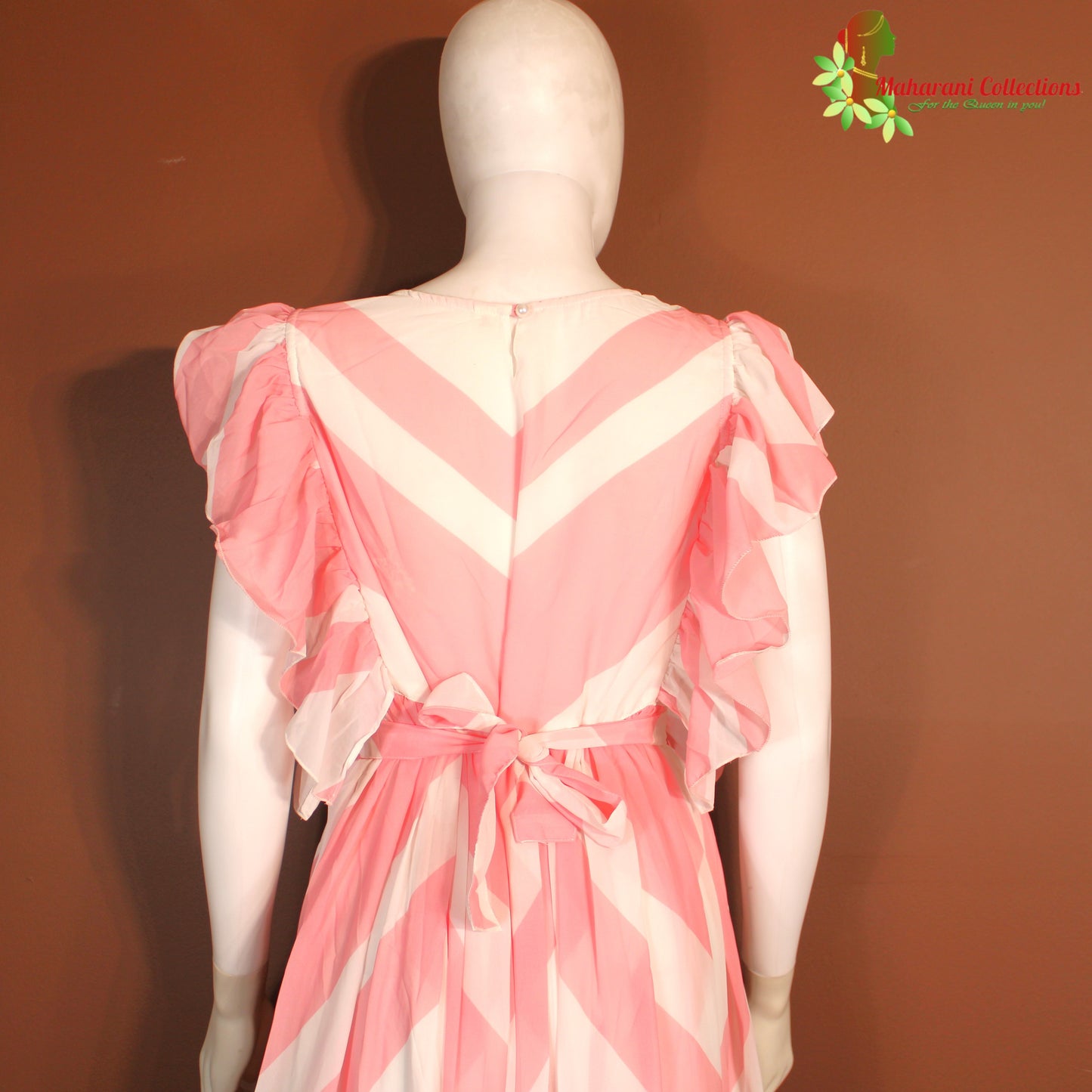Maharani's Long Dress - Georgette - Pink and White (S, M, L, XL)
