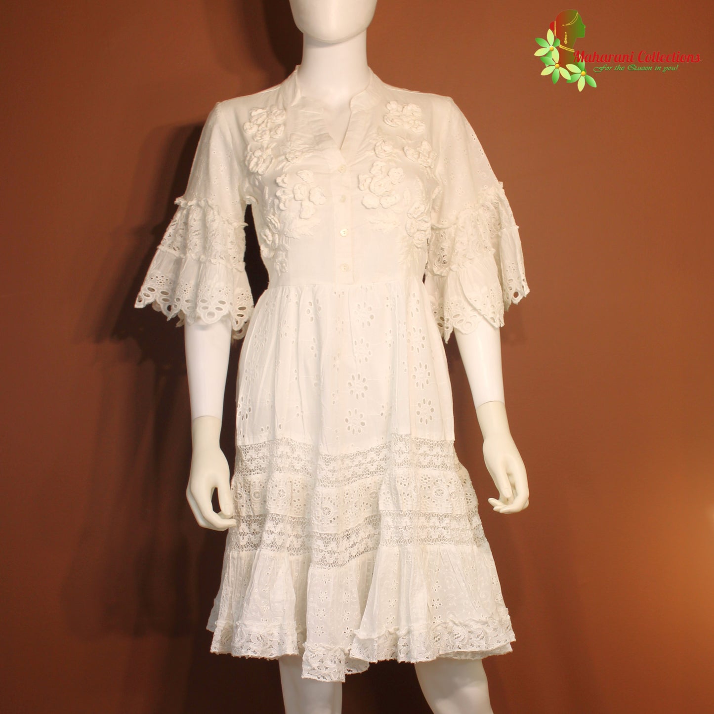 Maharani's Short Dress - Pure Cotton - White (S)