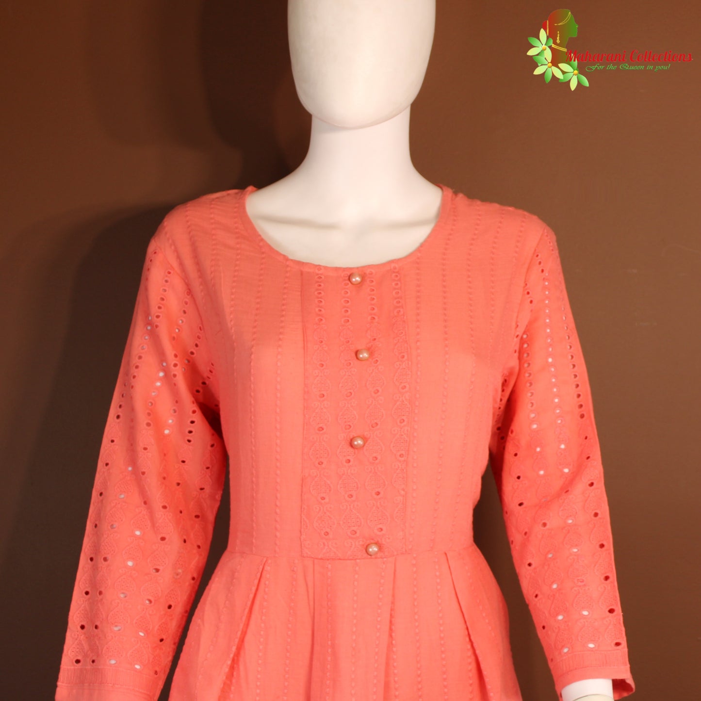 Maharani's Long Dress - Pure Cotton - Peach (S)