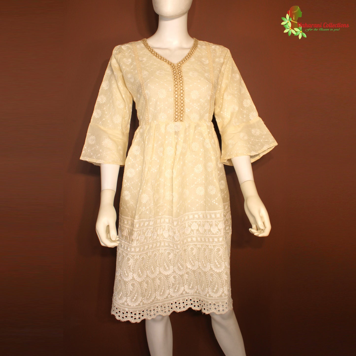 Maharani's Short Dress - Pure Cotton - Cream and White (S)