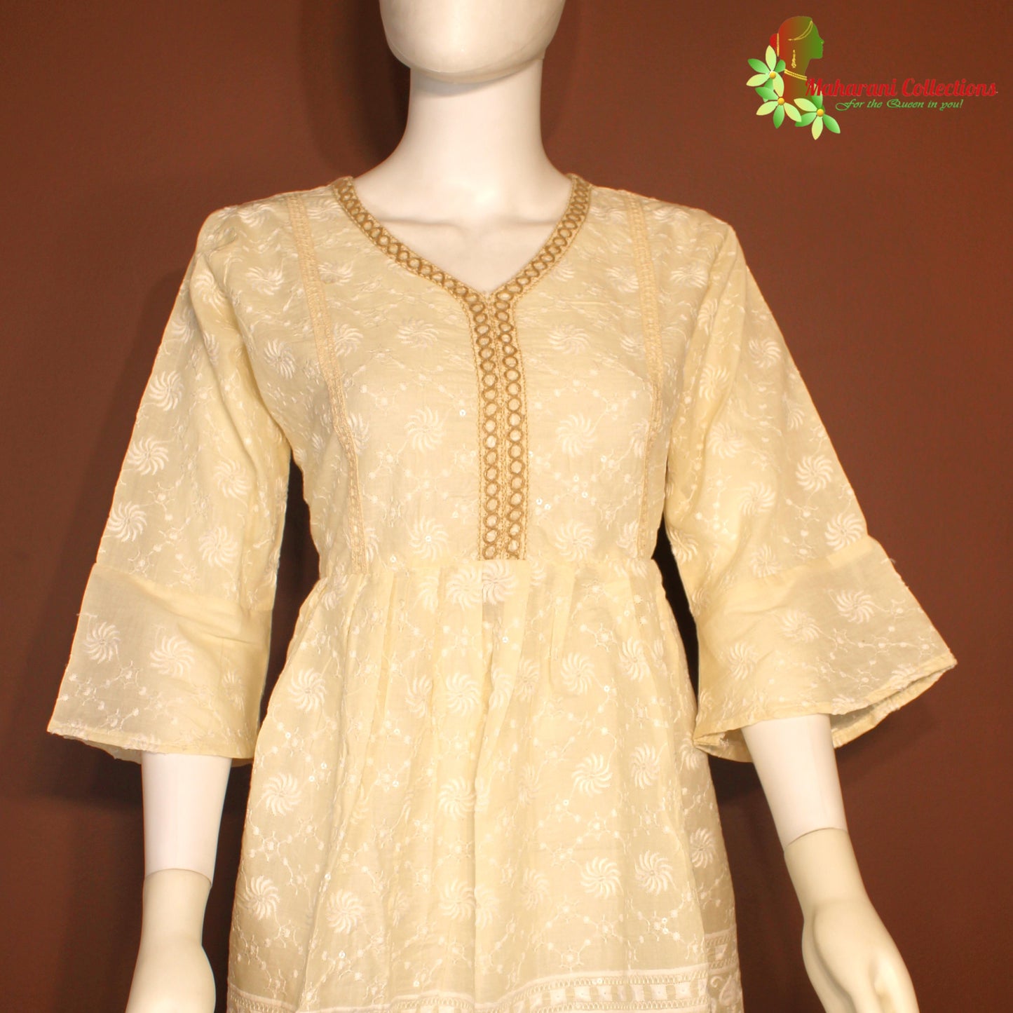 Maharani's Short Dress - Pure Cotton - Cream and White (XL)