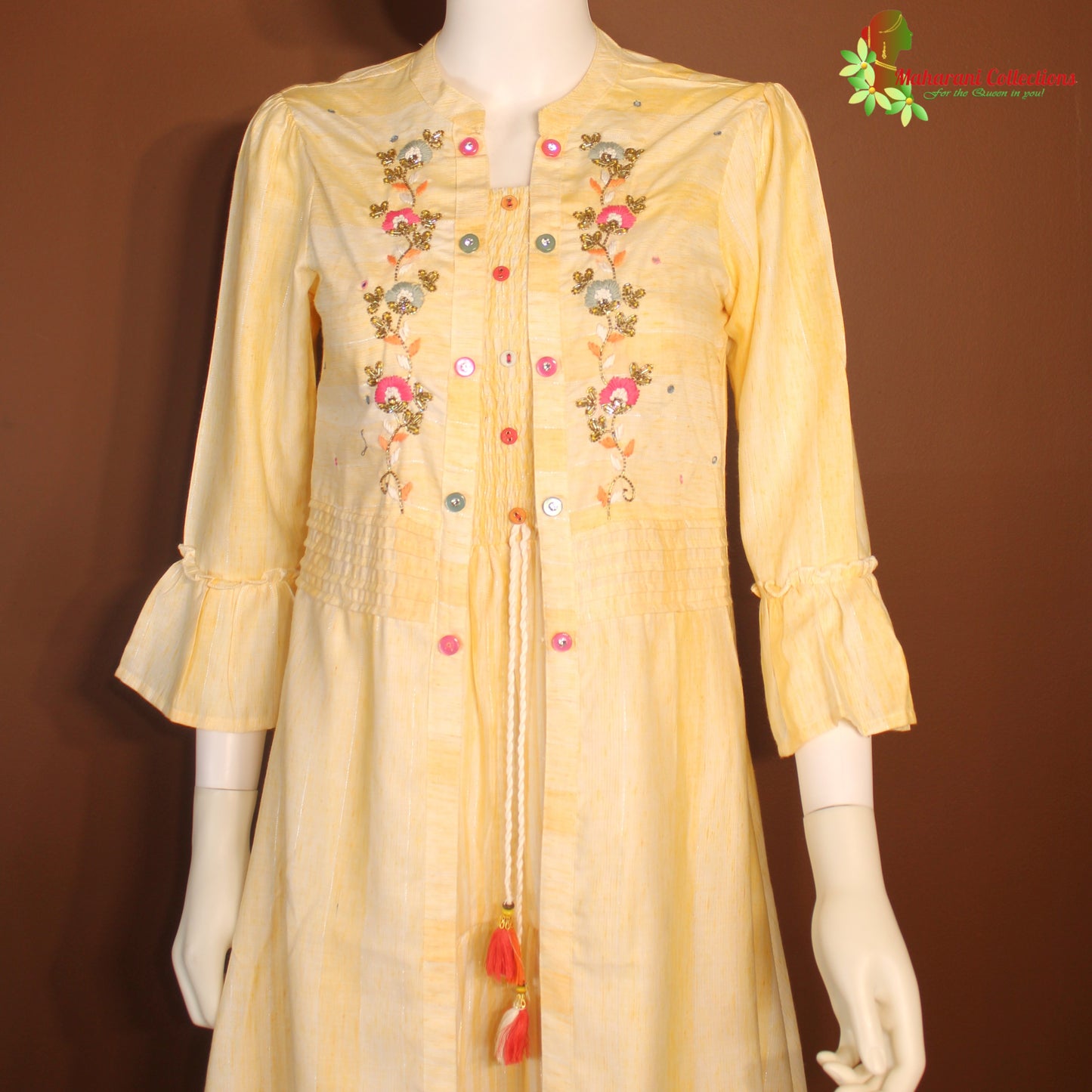 Maharani's Long Dress - Soft Cotton - Yellow & Cream (M)