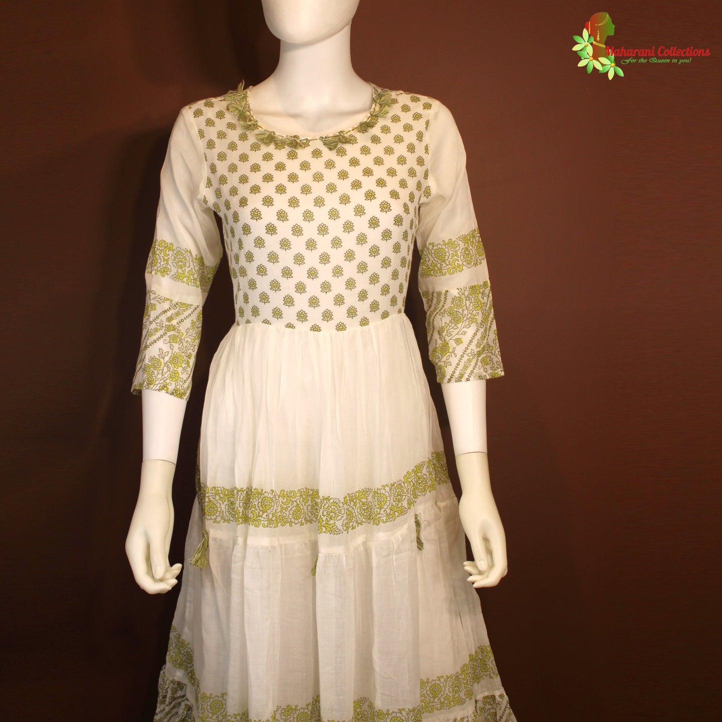 Maharani's Long Dress - pure cotton - White & Pista Green (S)