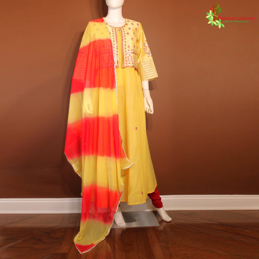 Maharani's Anarkali Suit - Soft cotton - Yellow & Red (S)
