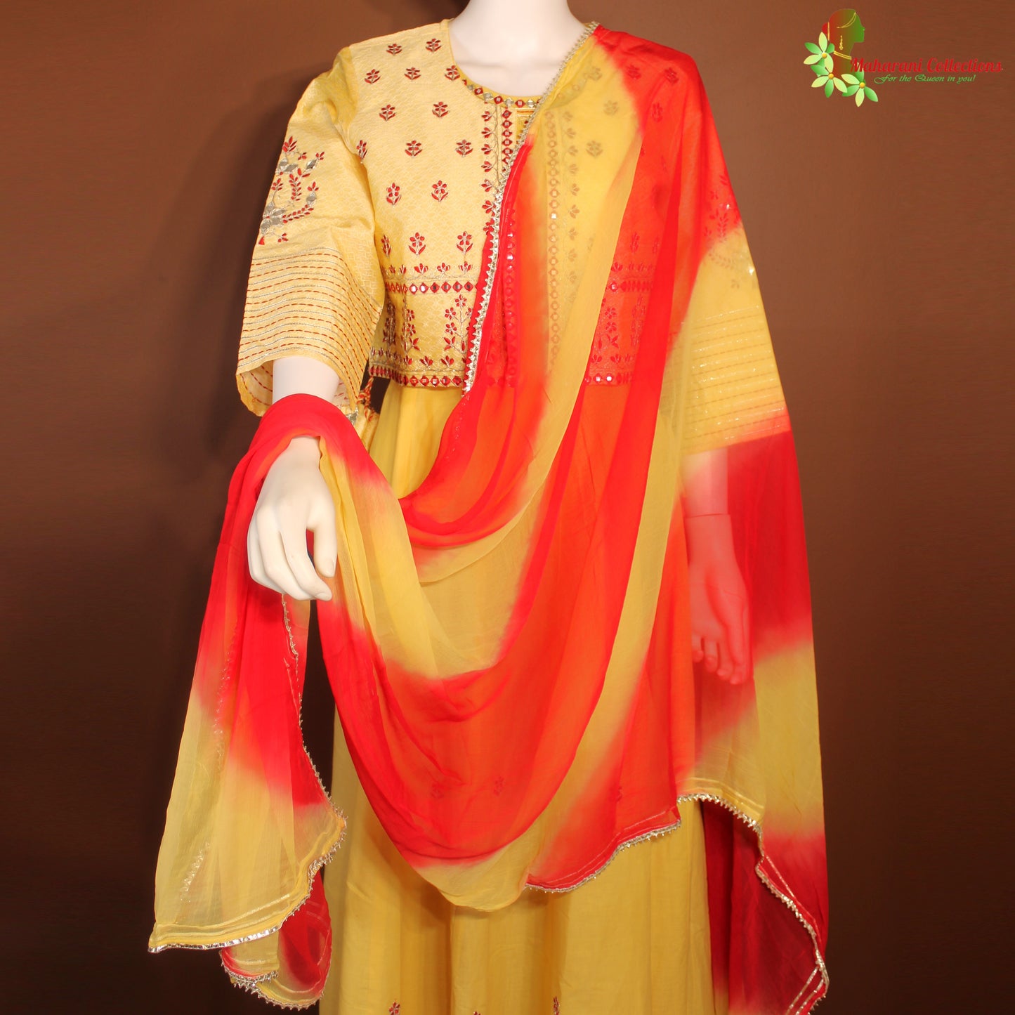 Maharani's Anarkali Suit - Soft cotton - Yellow & Red (M)