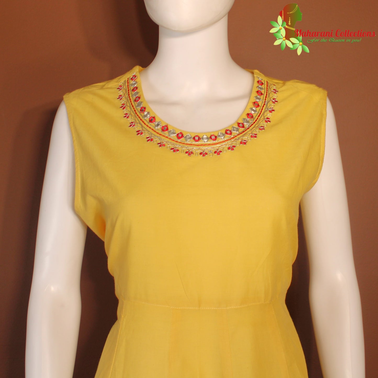 Maharani's Anarkali Suit - Soft cotton - Yellow & Red (L)