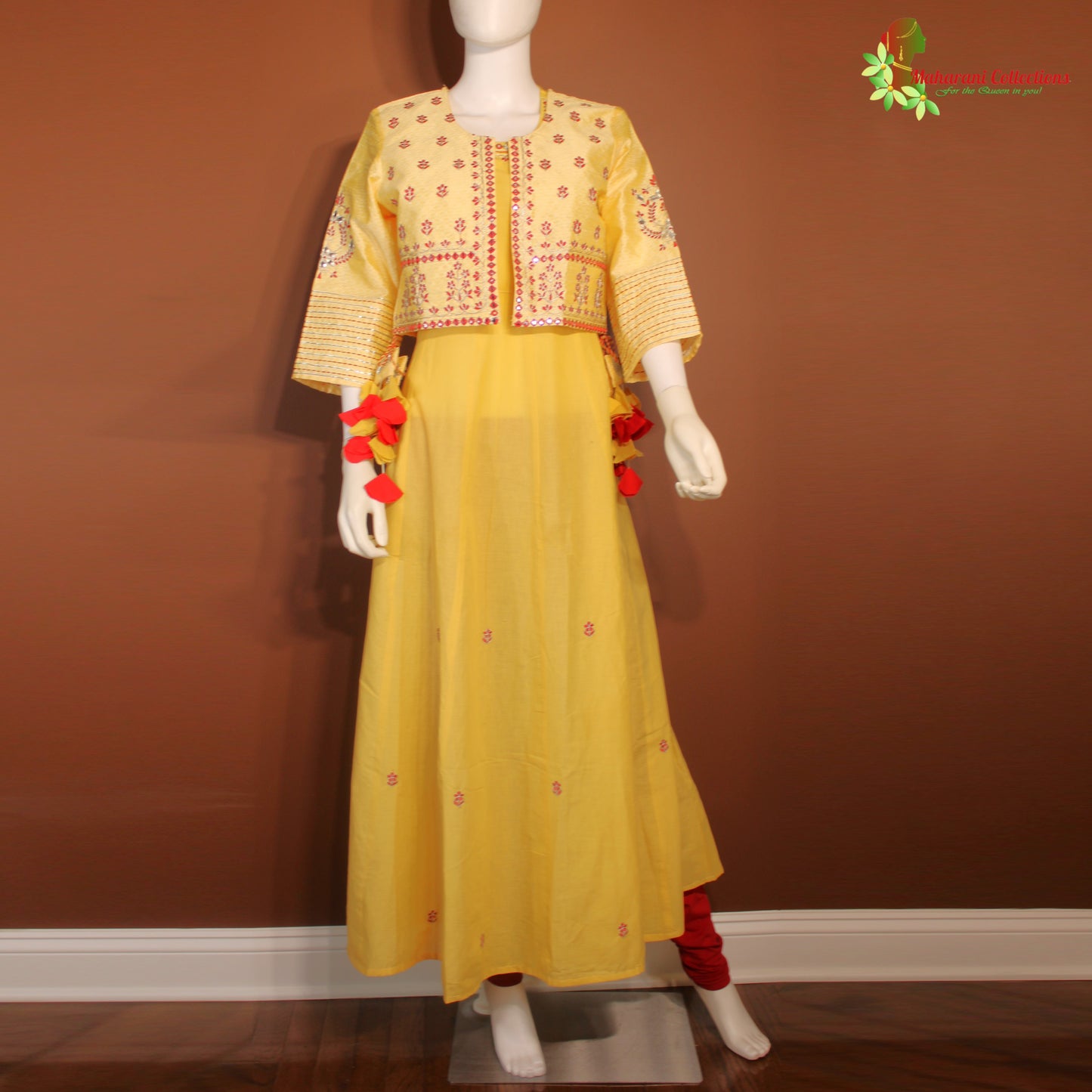 Maharani's Anarkali Suit - Soft cotton - Yellow & Red (L)