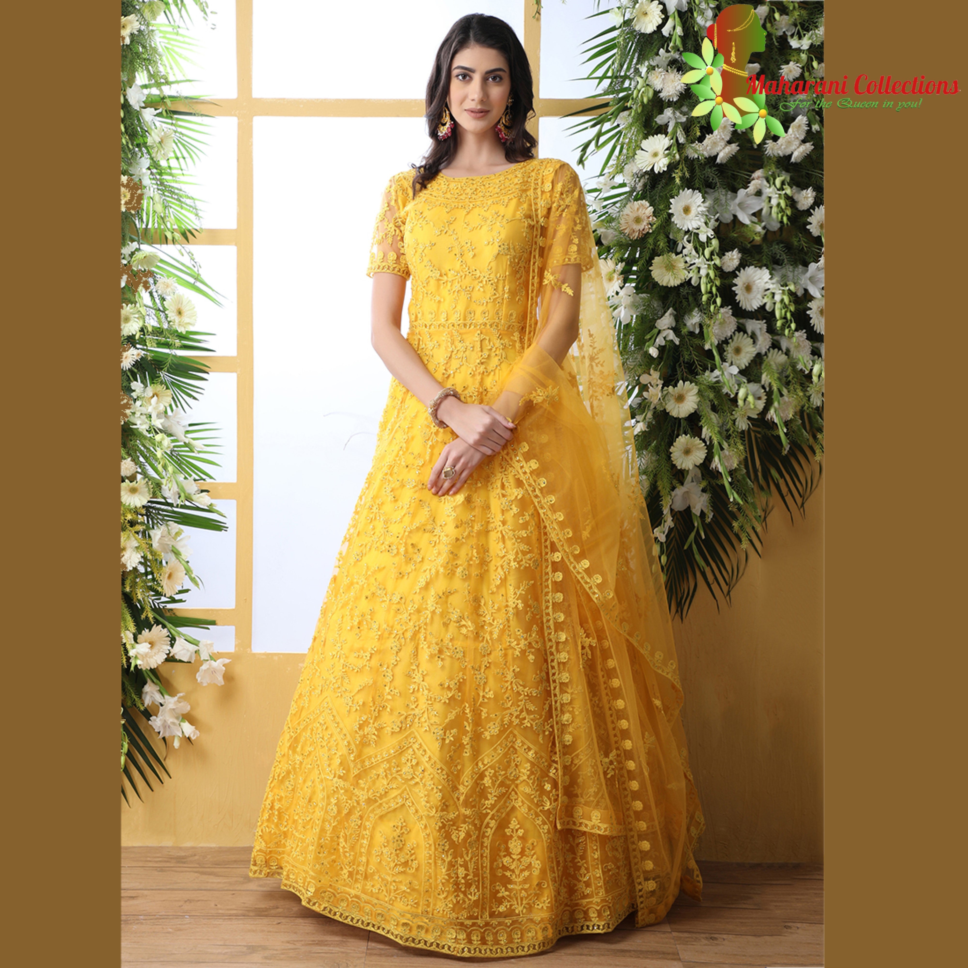 Yellow Anarkali Style Embroidery Worked Designer Gown Designed On Georgette  Fabric – Kaleendi