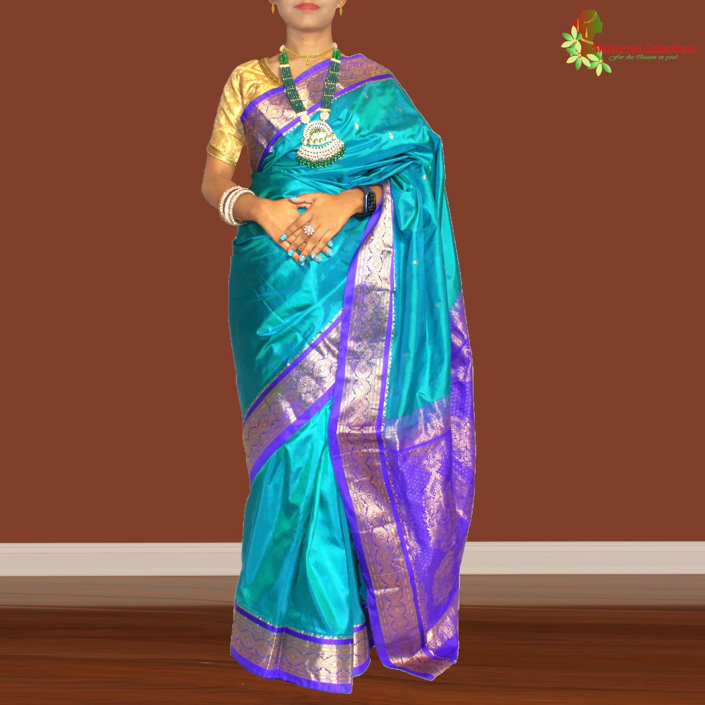 Maharani's Pure Banarasi Silk Saree - Greenish Blue (with stitched Petticoat)