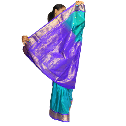 Maharani's Pure Banarasi Silk Saree - Greenish Blue (with stitched Petticoat)