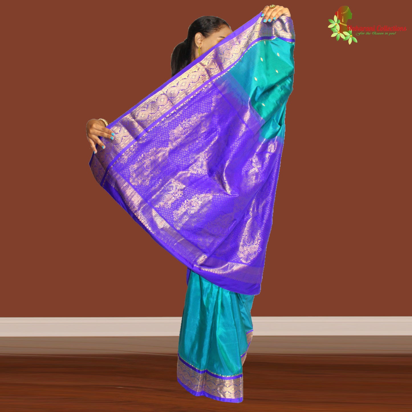 Maharani's Pure Banarasi Silk Saree - Greenish Blue (with stitched Petticoat)