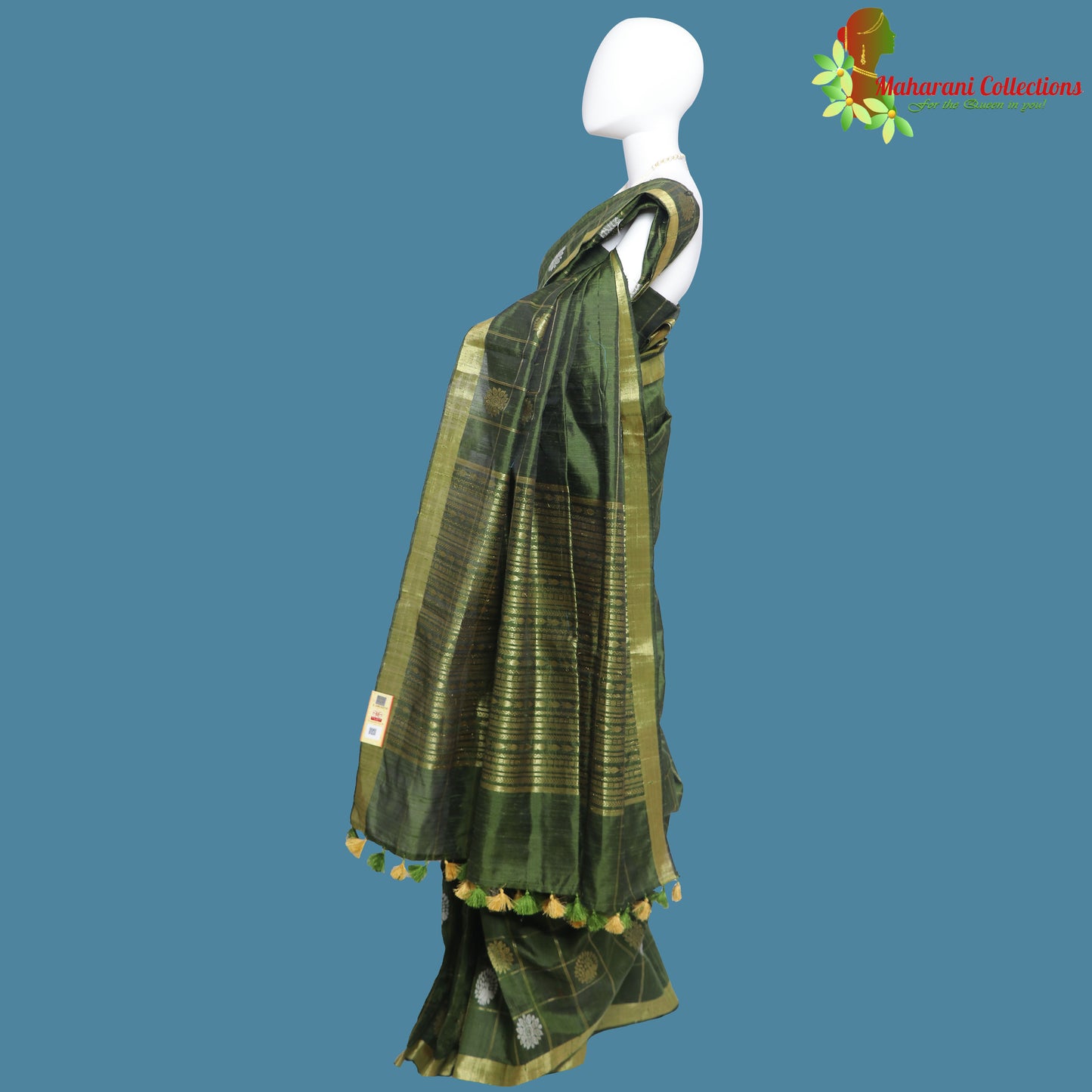 Pure Handloom Tussar Silk Saree - Olive Green with Golden Zari