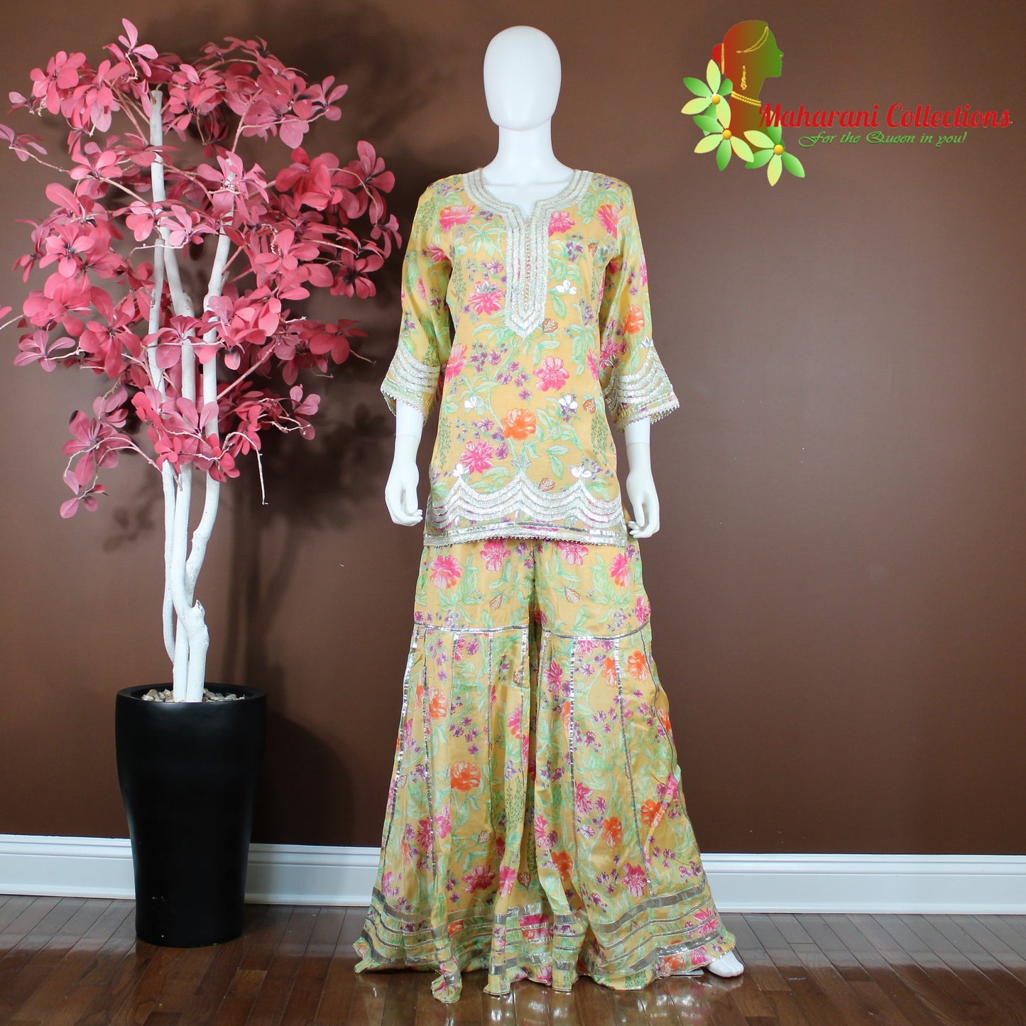 Maharani's Sharara Suit - Yellow Floral (L) - Pure Muslin Silk