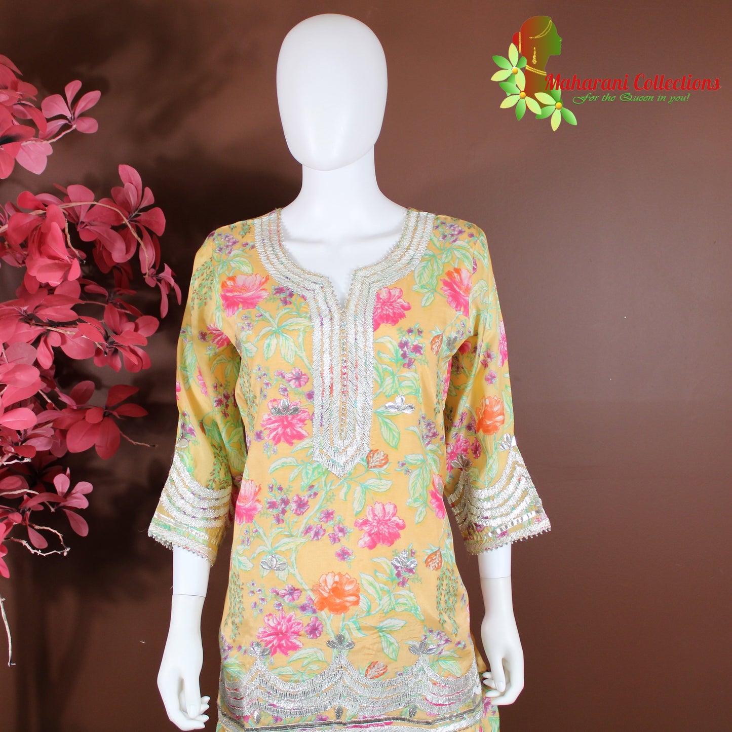 Maharani's Sharara Suit - Yellow Floral (L) - Pure Muslin Silk