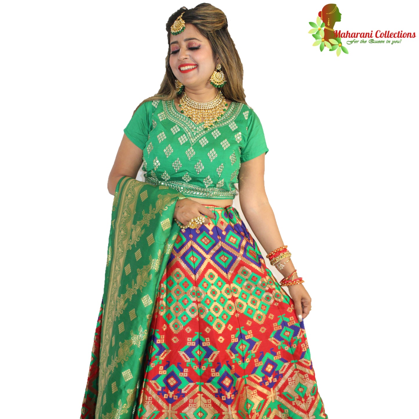 Maharani's Designer Pure Banarasi Silk Lehenga - Green and Red (M/L)