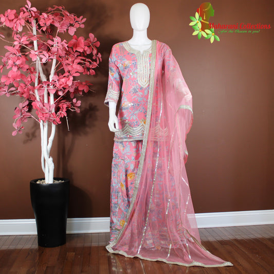 Maharani's Sharara Suit - Pink Floral (M) - Pure Muslin Silk