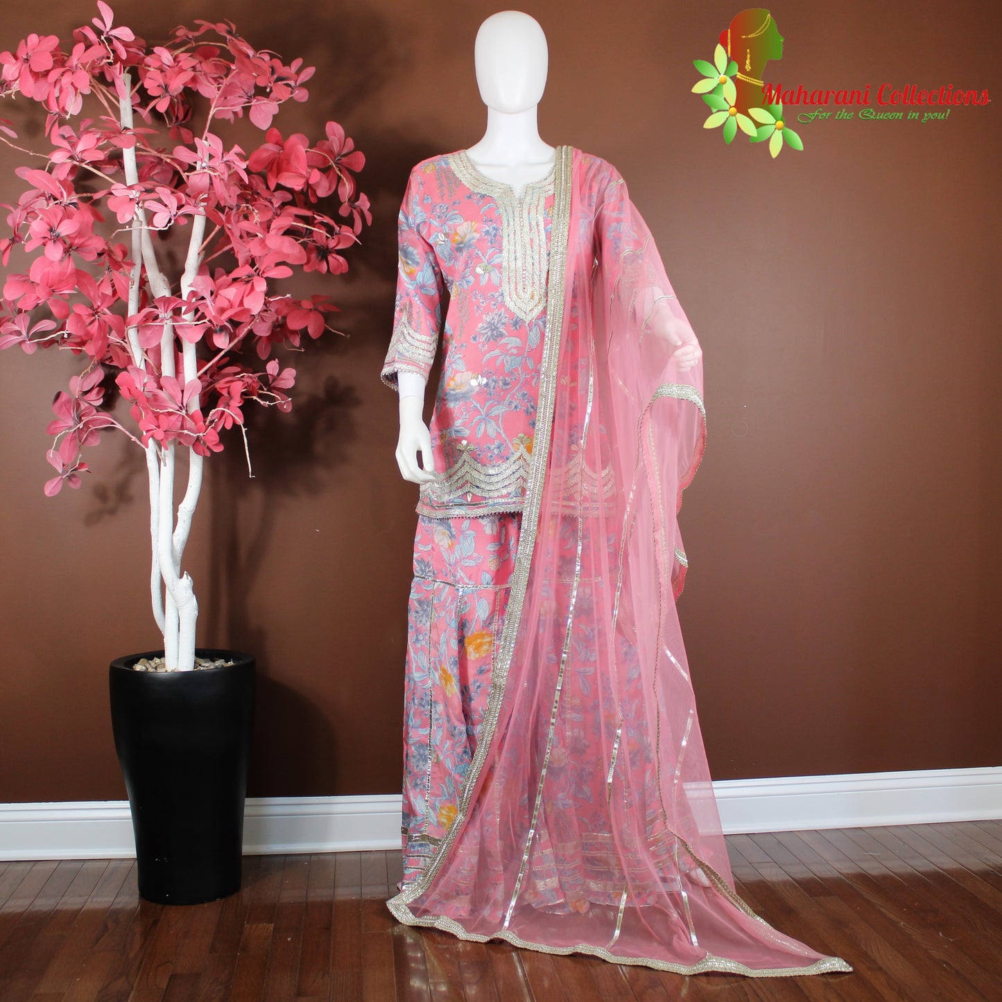 Maharani's Sharara Suit - Pink Floral (XL) - Pure Muslin Silk