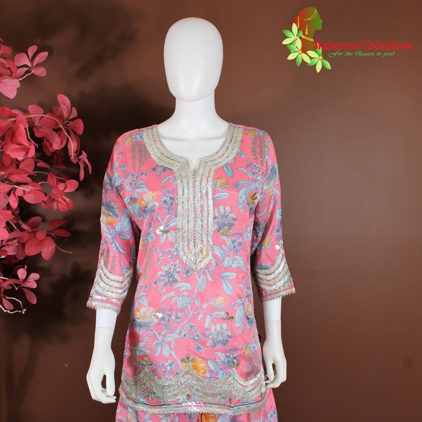 Maharani's Sharara Suit - Pink Floral (L) - Pure Muslin Silk