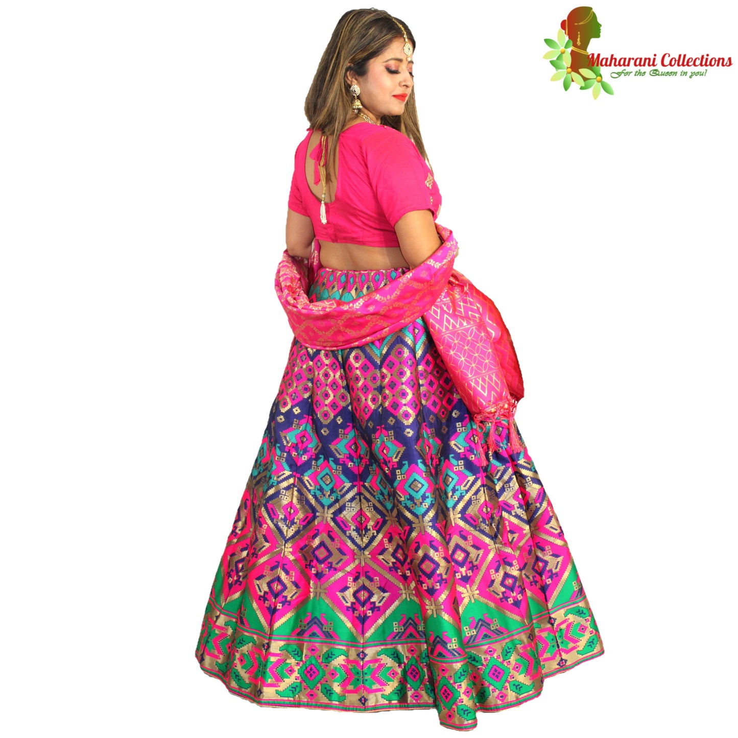 Maharani's Designer Pure Banarasi Silk Lehenga - Pink, Green and Blue (M/L)