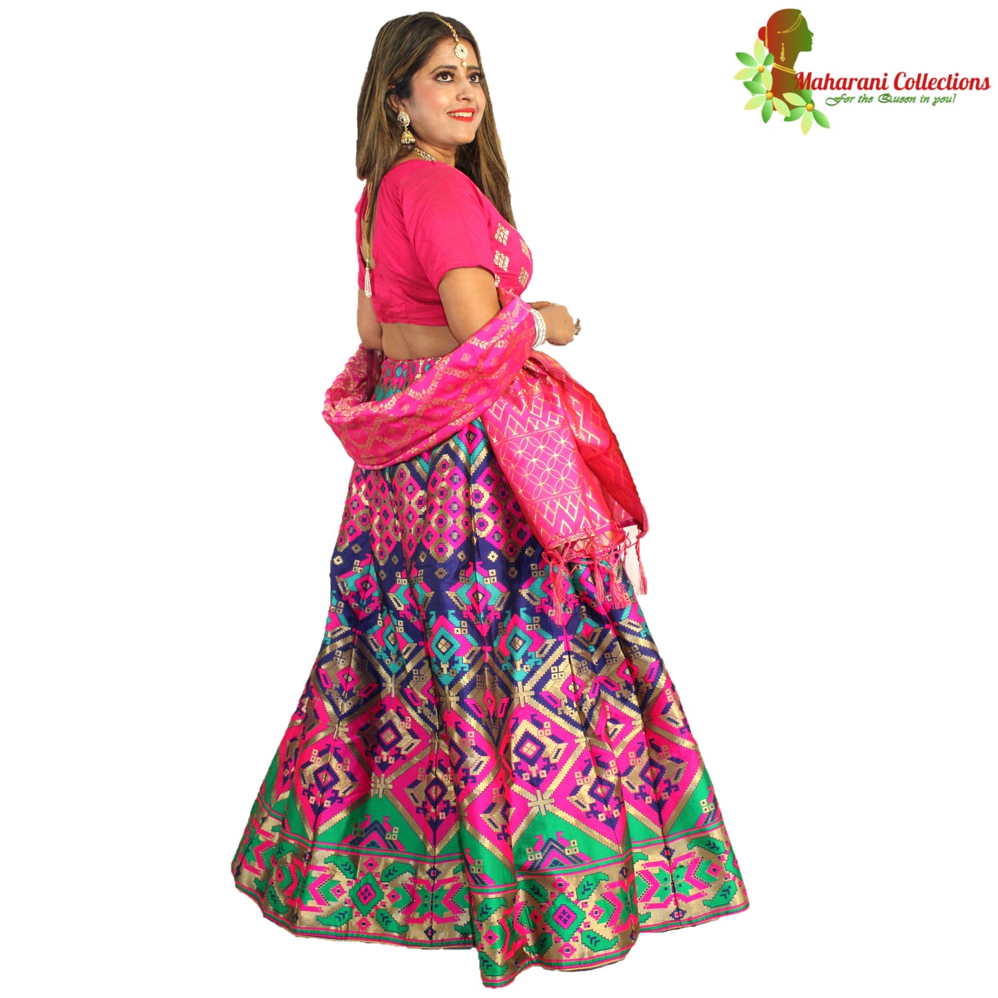 Maharani's Designer Pure Banarasi Silk Lehenga - Pink, Green and Blue (M/L)