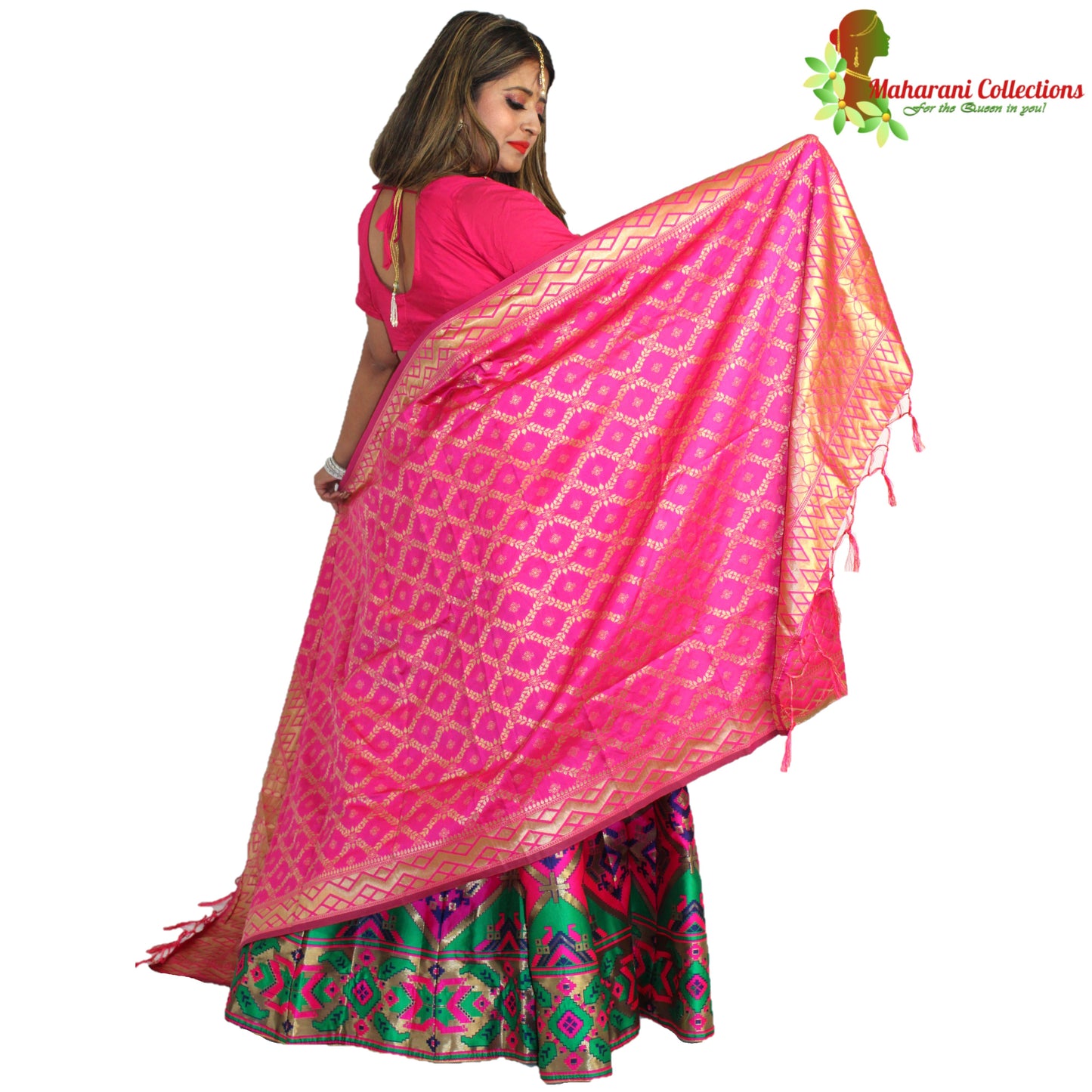 Maharani's Designer Pure Banarasi Silk Lehenga - Pink, Green and Blue (M/L)