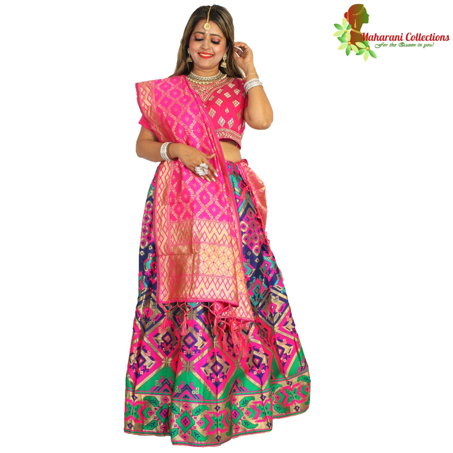 Maharani's Designer Pure Banarasi Silk Lehenga - Pink, Green and Blue (M/L)