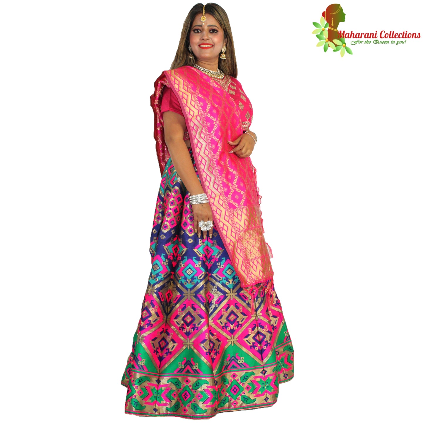 Maharani's Designer Pure Banarasi Silk Lehenga - Pink, Green and Blue (M/L)