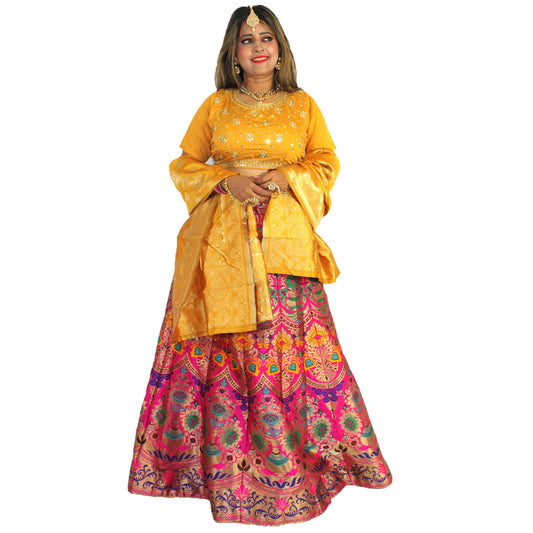 Maharani's Designer Pure Banarasi Silk Lehenga - Yellow and Pink (M/L)