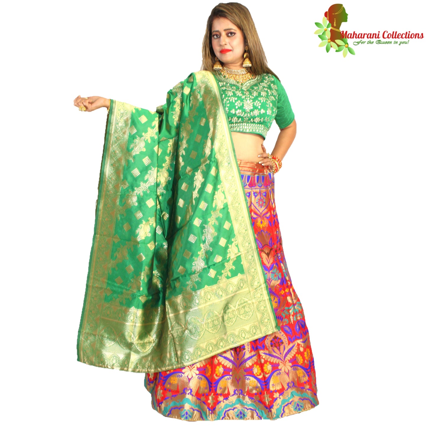 Maharani's Designer Pure Banarasi Silk Lehenga - Green, Yellow and Red (M/L)