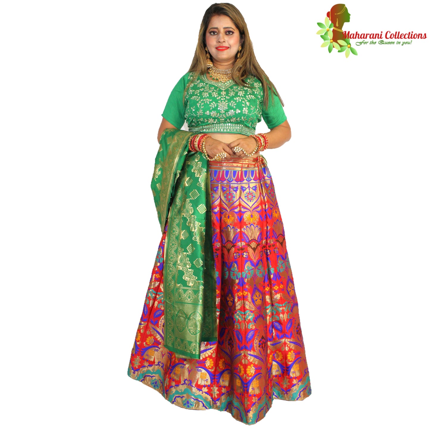 Maharani's Designer Pure Banarasi Silk Lehenga - Green, Yellow and Red (M/L)