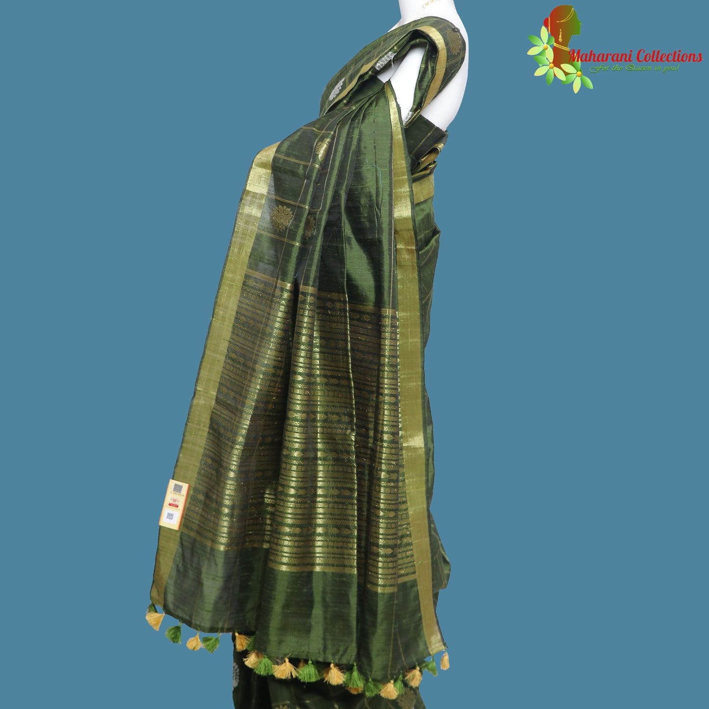 Pure Handloom Tussar Silk Saree - Olive Green with Golden Zari