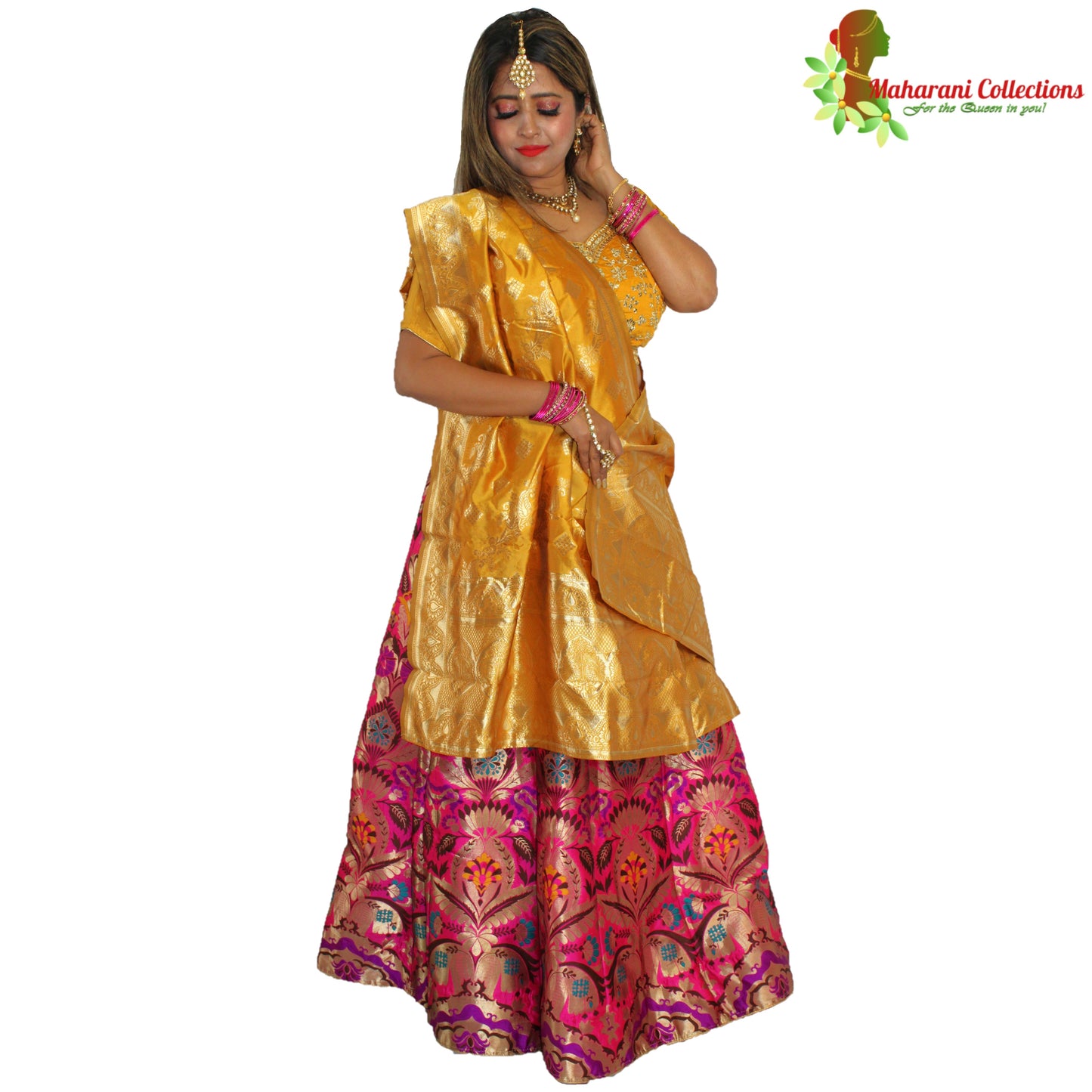 Maharani's Designer Pure Banarasi Silk Lehenga - Yellow, Purple and Pink (M/L)