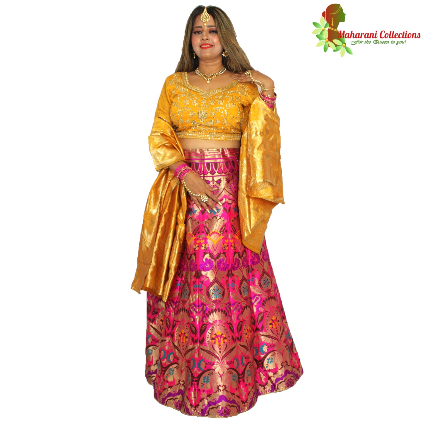 Maharani's Designer Pure Banarasi Silk Lehenga - Yellow, Purple and Pink (M/L)