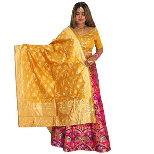Maharani's Designer Pure Banarasi Silk Lehenga - Yellow, Purple and Pink (M/L)