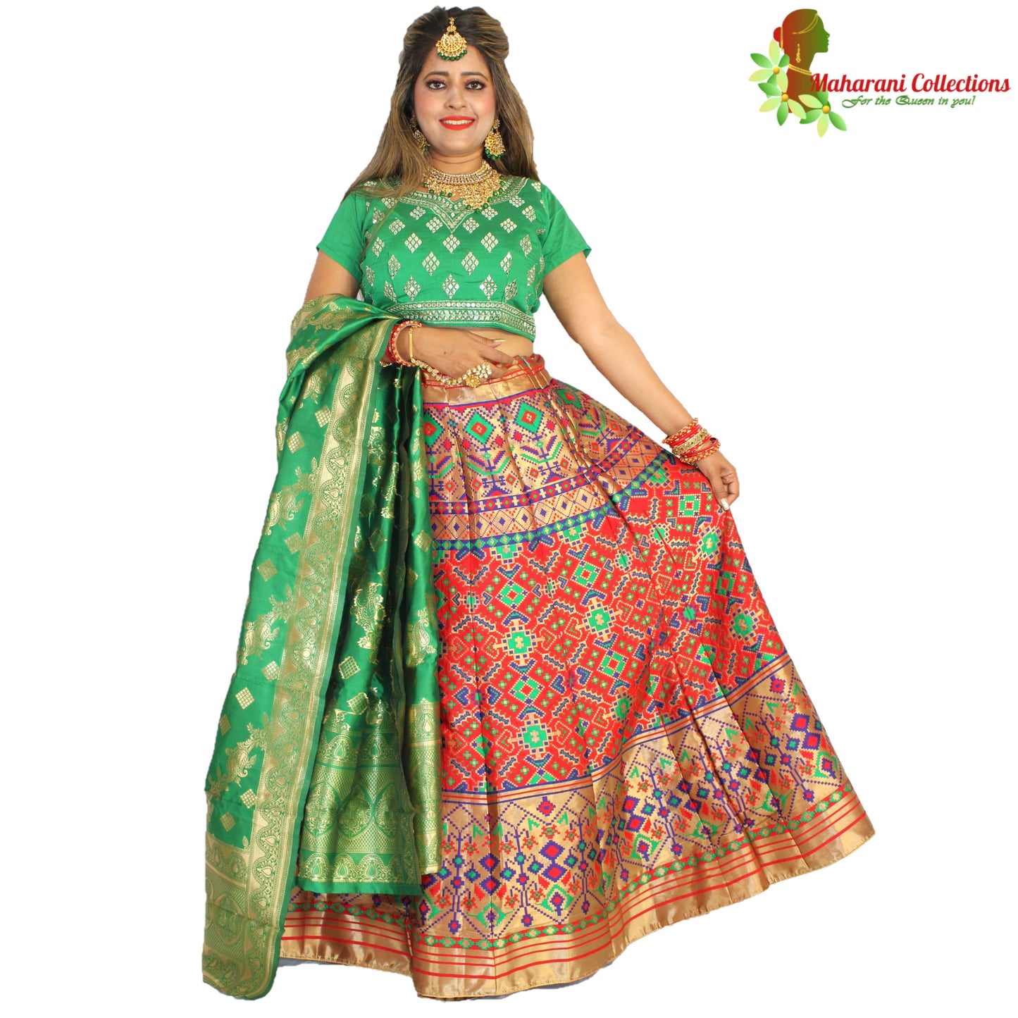 Maharani's Designer Pure Banarasi Silk Lehenga - Green, Gold and Red (M/L)