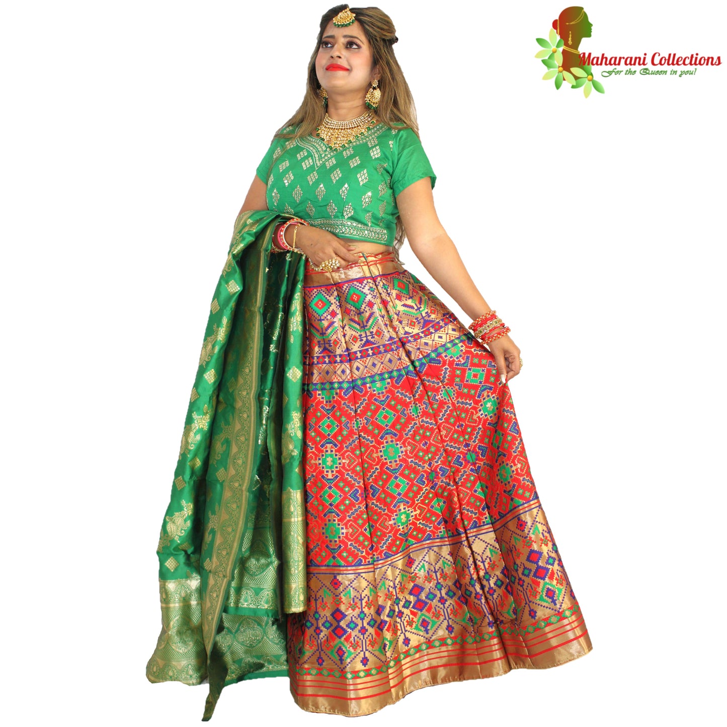 Maharani's Designer Pure Banarasi Silk Lehenga - Green, Gold and Red (M/L)