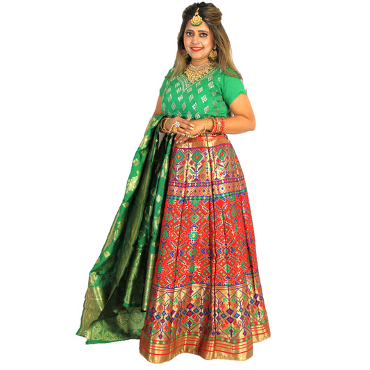 Maharani's Designer Pure Banarasi Silk Lehenga - Green, Gold and Red (M/L)