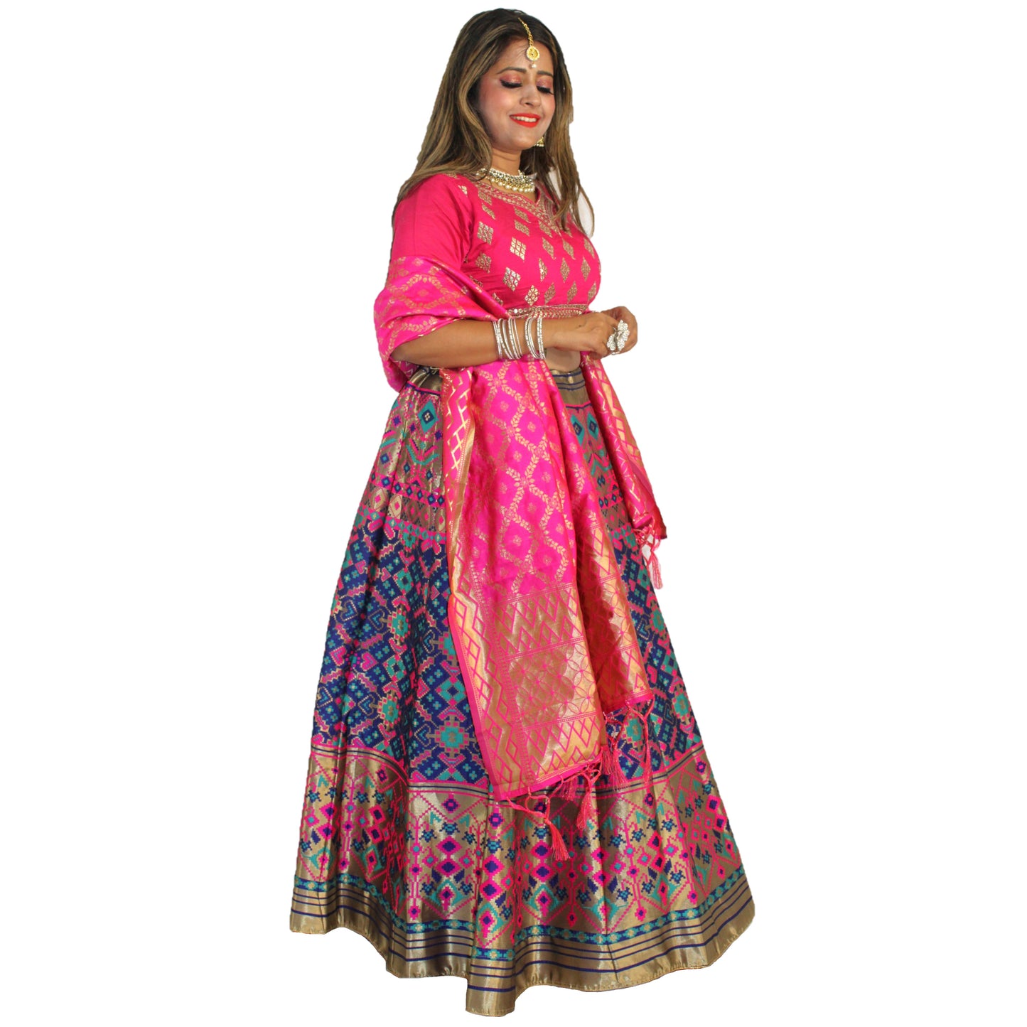 Maharani's Designer Pure Banarasi Silk Lehenga - Pink and Blue (M/L)