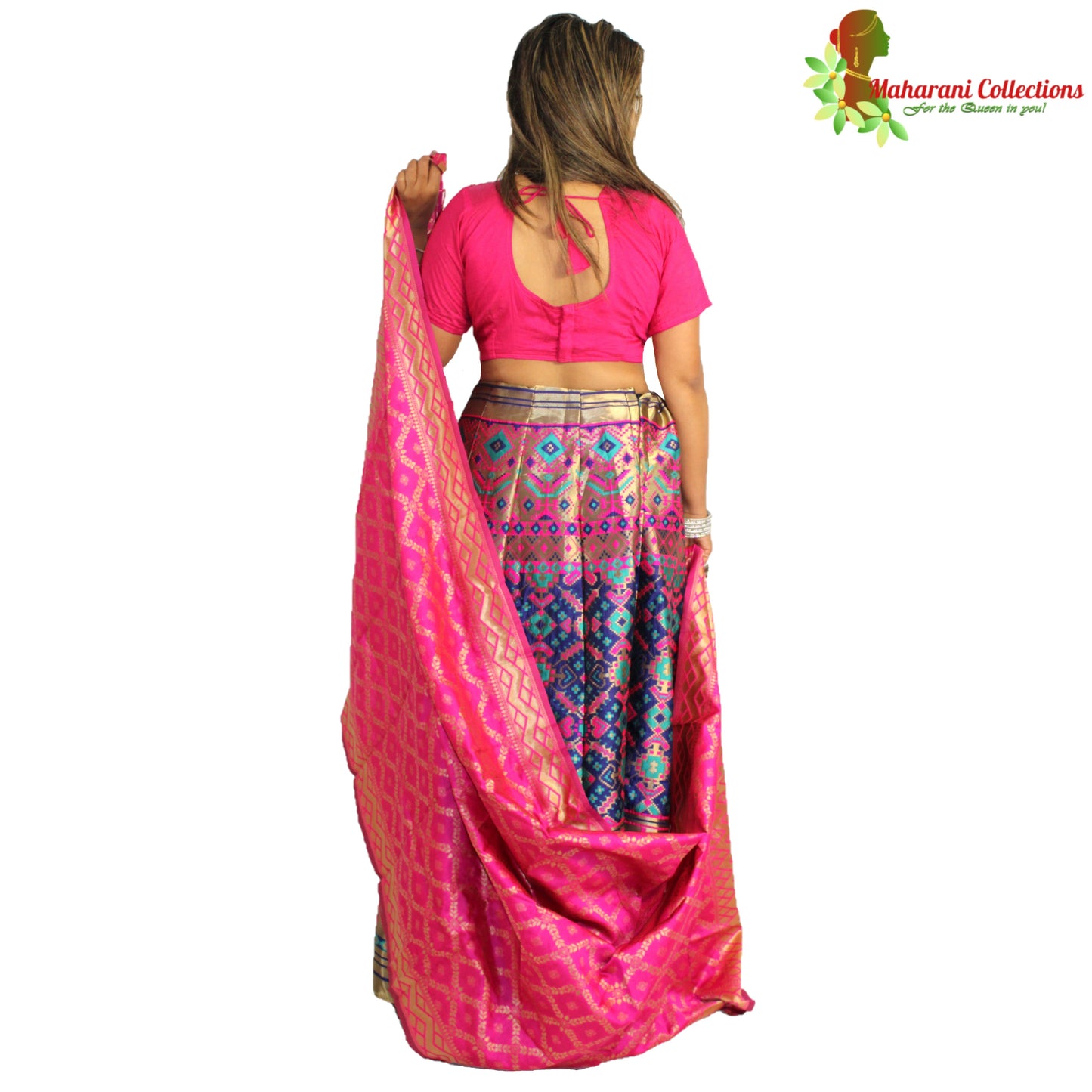 Maharani's Designer Pure Banarasi Silk Lehenga - Pink and Blue (M/L)