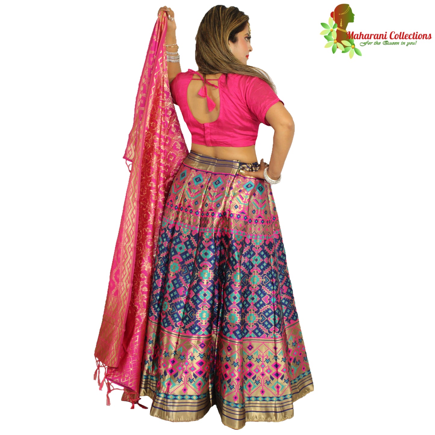 Maharani's Designer Pure Banarasi Silk Lehenga - Pink and Blue (M/L)