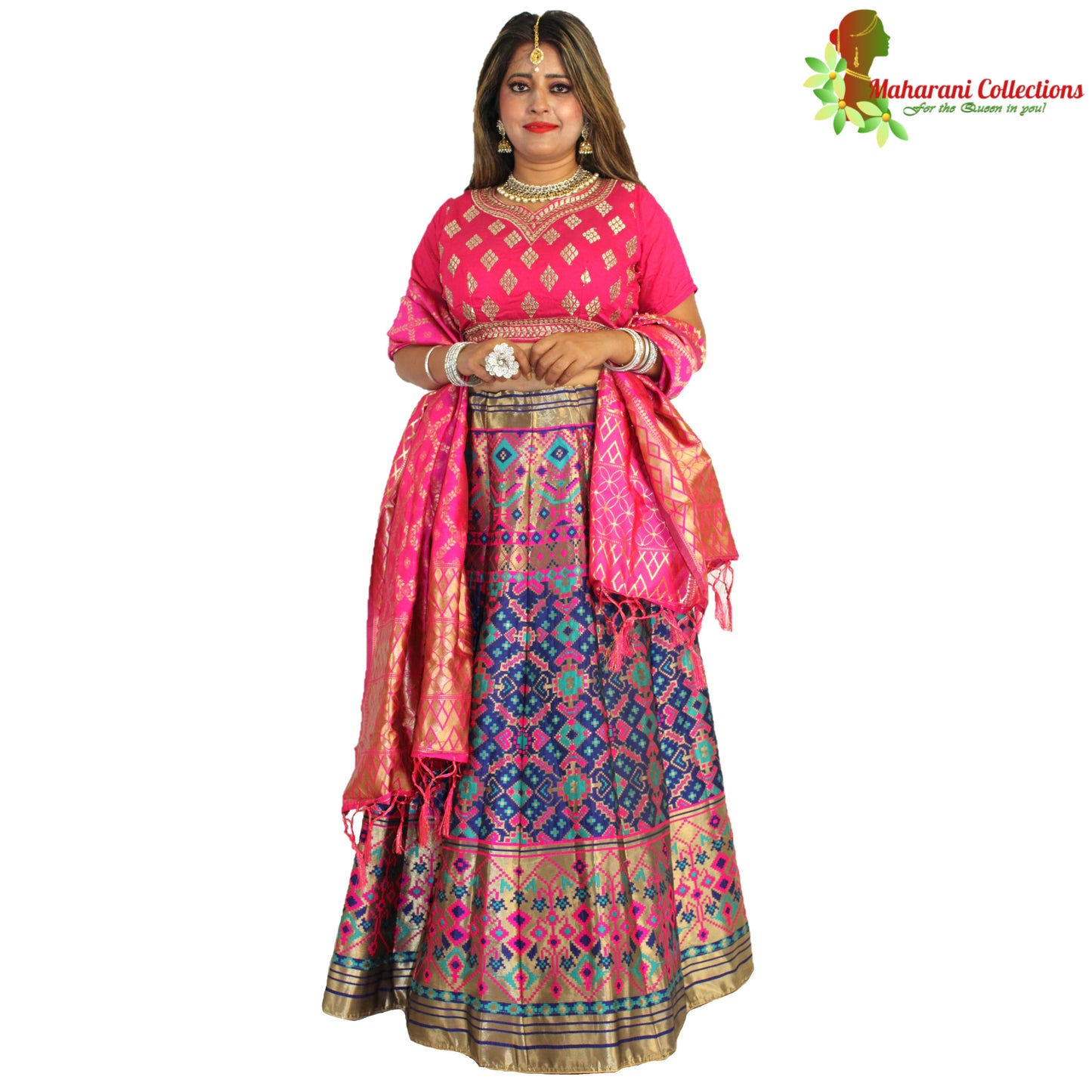 Maharani's Designer Pure Banarasi Silk Lehenga - Pink and Blue (M/L)